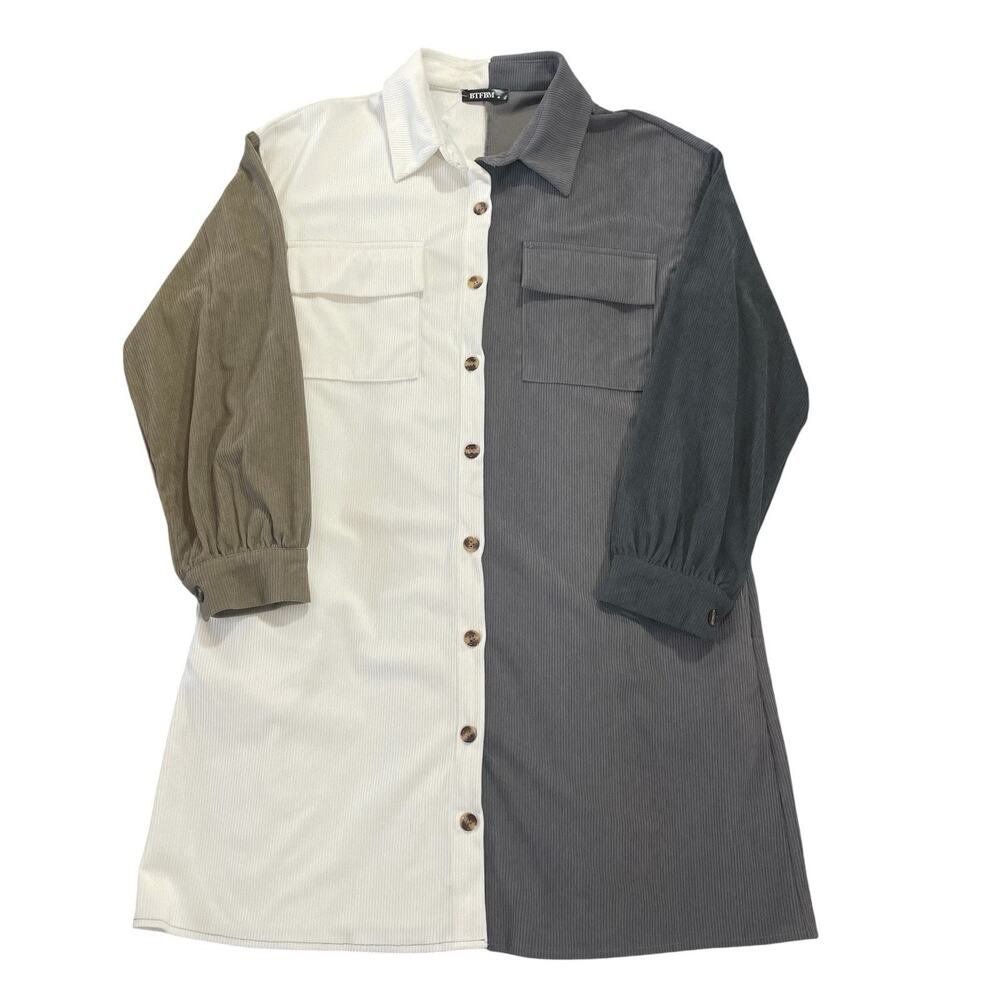 BTFBM Women's Medium Colorblock Corduroy Tunic Shirt Dress Side Pockets Soft NEW